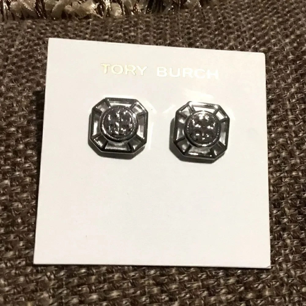 TORY BURCH DOUBLE T LOGO STUD SILVER EARRINGS